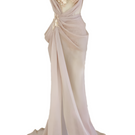 Elegant nude silk evening gown by Do Long, flowing fabric with a graceful silhouette and subtle drape.