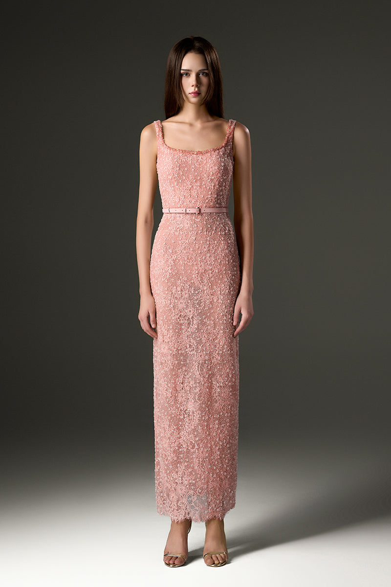 SQUARE NECK MESH LACE MIDI DRESS IN PINK - CULT MIA