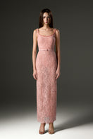Pink square neck mesh lace midi dress by I.H.F Studio, featuring a fitted silhouette and elegant lace detailing.