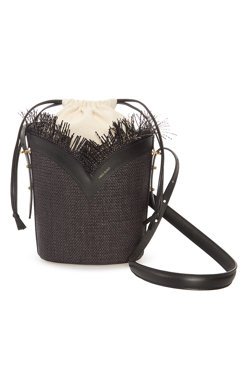 Black VIKELE STUDIO bucket shoulder bag with a rounded shape and drawstring closure, stylish and versatile for everyday use.