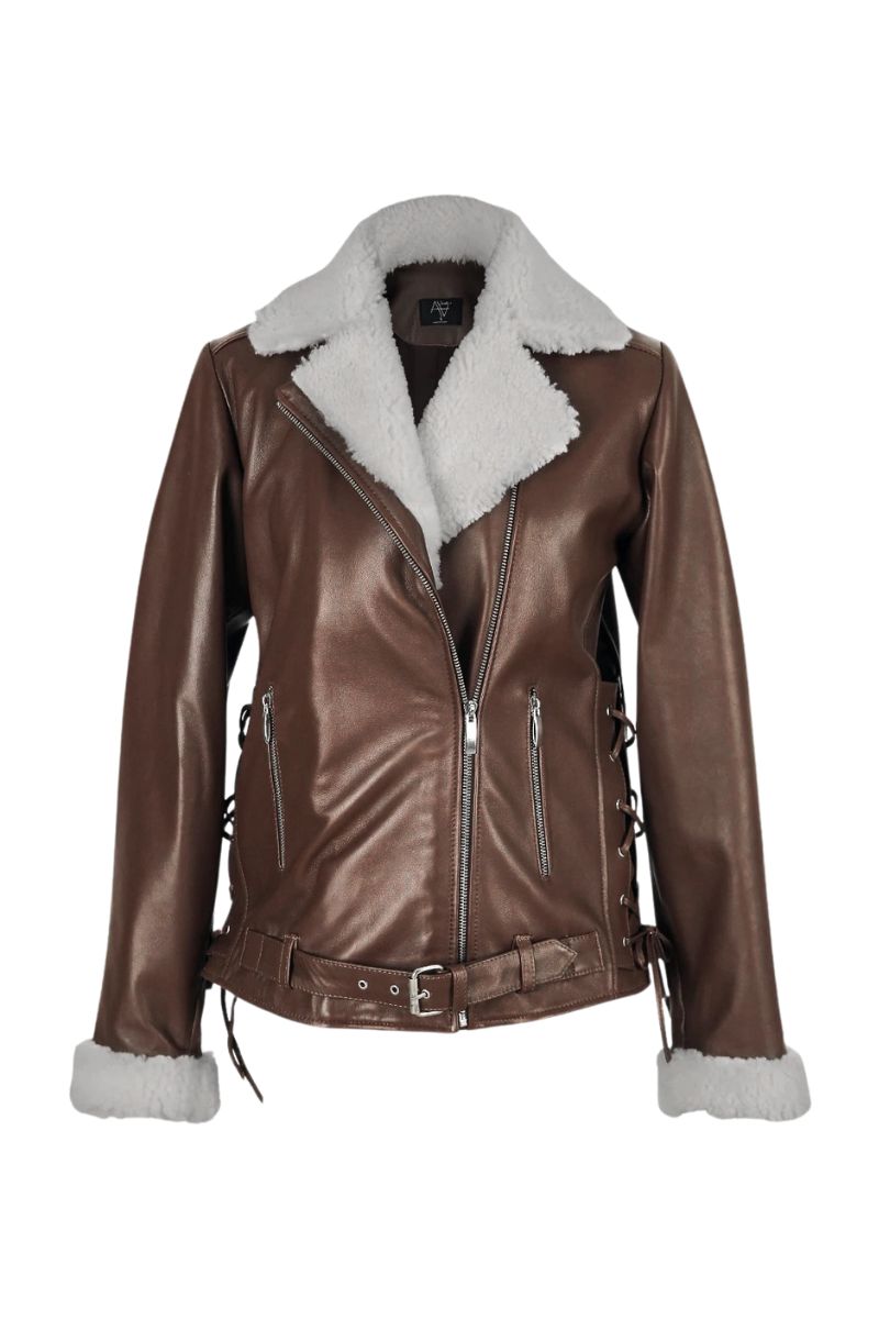 GAIA SHEARLING CAMEL LEATHER JACKET - CULT MIA