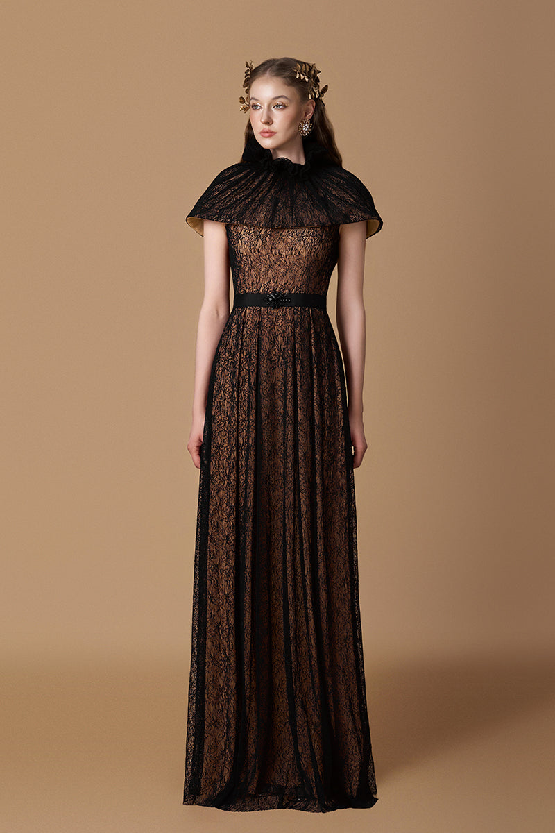 VINE GUIPURE LACE GOWN IN BLACK