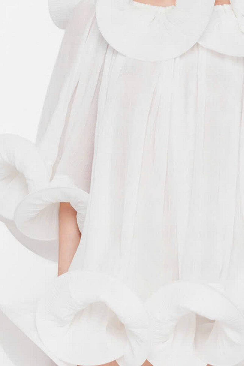 Valenciani The Origami Cloud mini dress in white, lightweight short dress with a unique origami-inspired design, perfect for summer wear.