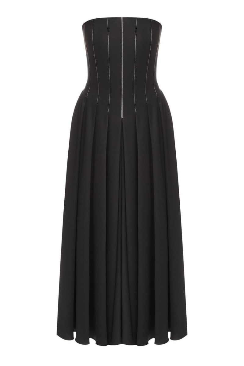 BLACK WOOL CORSET MIDI DRESS WITH WHITE STITCH DETAIL - CULT MIA