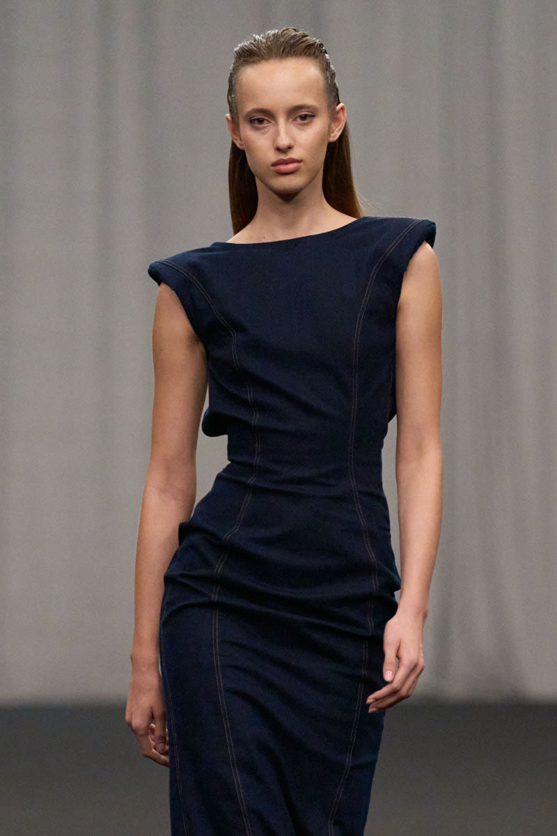 fitted denim pencil dress Indigo Tailored Denim Halter Neck Pencil Midi Dress