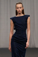 Lili Blanc elegant denim pencil gown with fitted silhouette and classic design, perfect for stylish formal occasions.