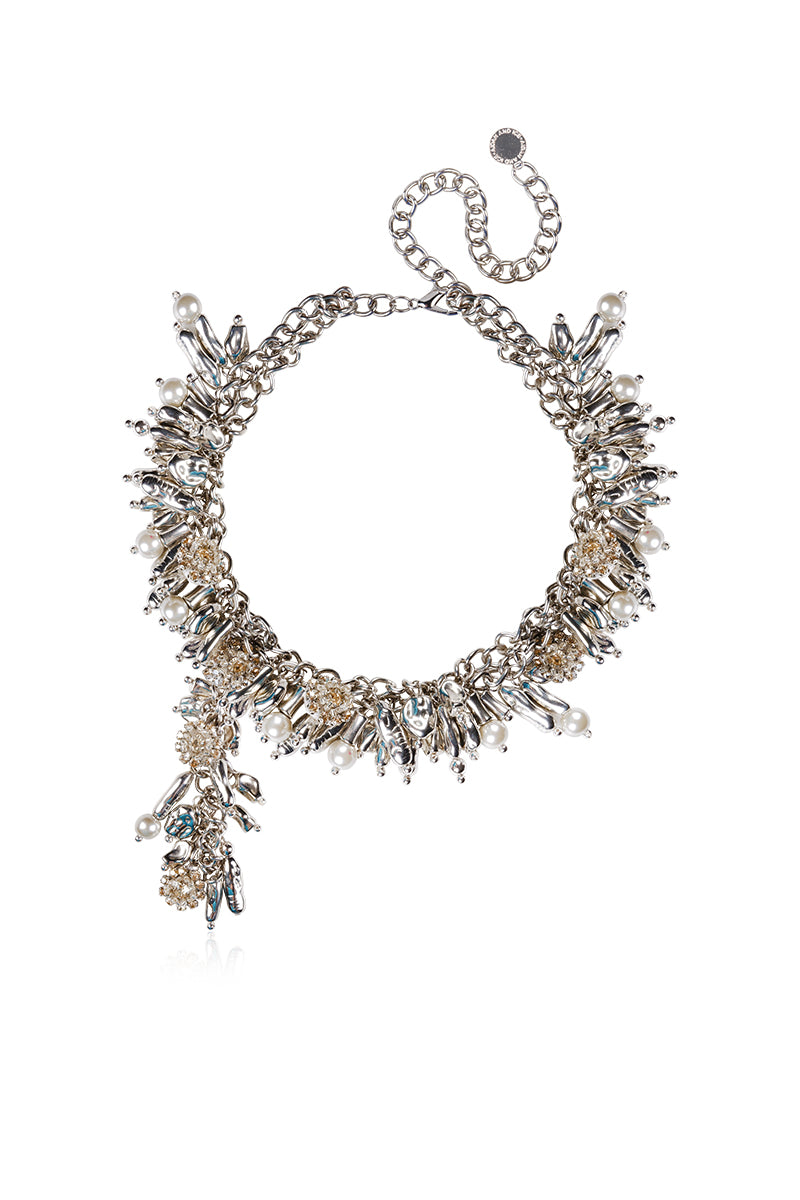 Aidan & Ice silver Neilla necklace with delicate chain and minimalist pendant, styled on a model's neck.