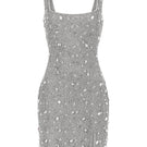 Kerri mini dress in silver by Khanum's, close-up of stylish sleeveless dress with fitted silhouette and metallic fabric.