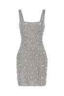 Kerri mini dress in silver by Khanum's, close-up of stylish sleeveless dress with fitted silhouette and metallic fabric.