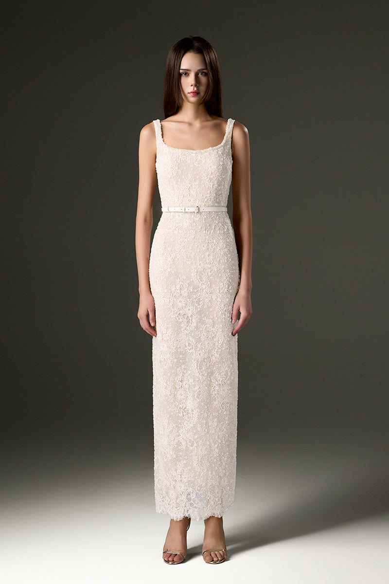 SQUARE NECK MESH LACE MIDI DRESS IN WHITE - CULT MIA