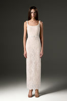 White I.H.F Studio square neck mesh lace midi dress with a fitted silhouette and intricate lace detailing.