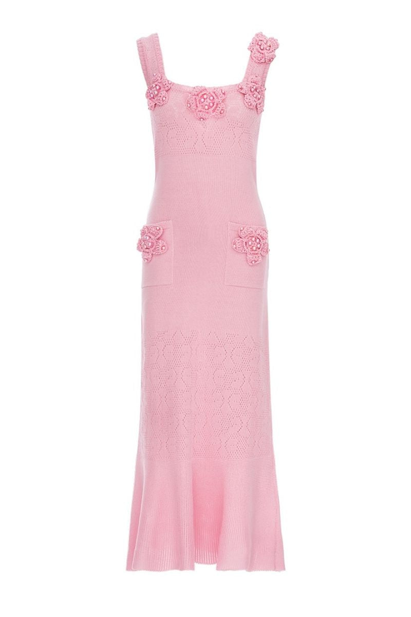 ROSE VANILLA KNIT DRESS WITH HANDMADE KNIT DETAILS - CULT MIA