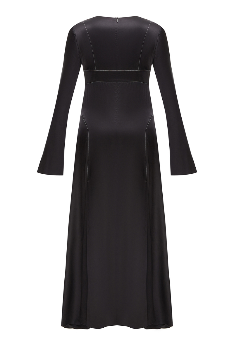 BLACK SILK MIDI DRESS WITH WHITE STITCH DETAIL - CULT MIA