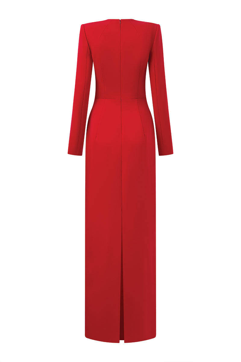 Lune De Soie velvet satin gown with a flowing silhouette, deep V neckline, and elegant long sleeves, perfect for formal occasions.