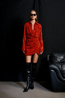 Red Paris Jacquard mini dress by Acaria Studio featuring intricate woven patterns and a fitted silhouette.