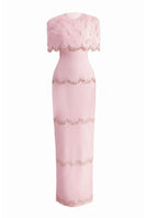 Pink sparkling organza maxi gown by Happy Clothing, flowing dress with shimmering fabric and elegant design for formal occasions.