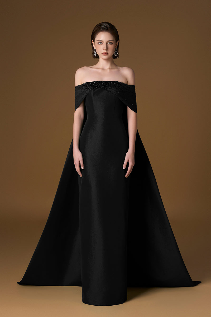Black strapless taffeta silk-lined gown by I.H.F, featuring a sleek design and elegant silhouette.