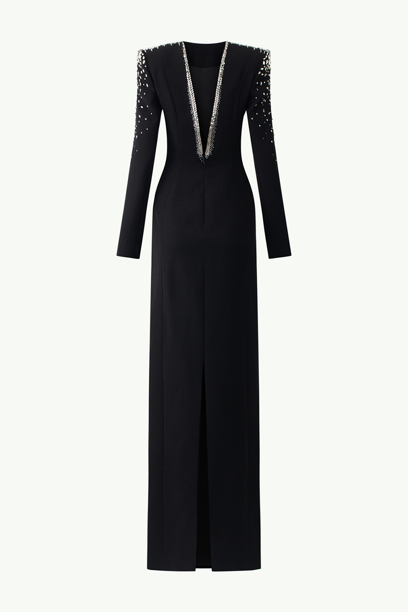 BLACK LONG SLEEVE OPEN BACK GOWN - CULT MIA