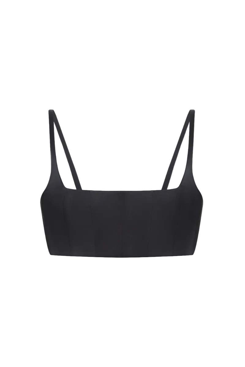 Black matte silk top with thin straps by BALYKINA, featuring a sleek, smooth fabric and stylish design.