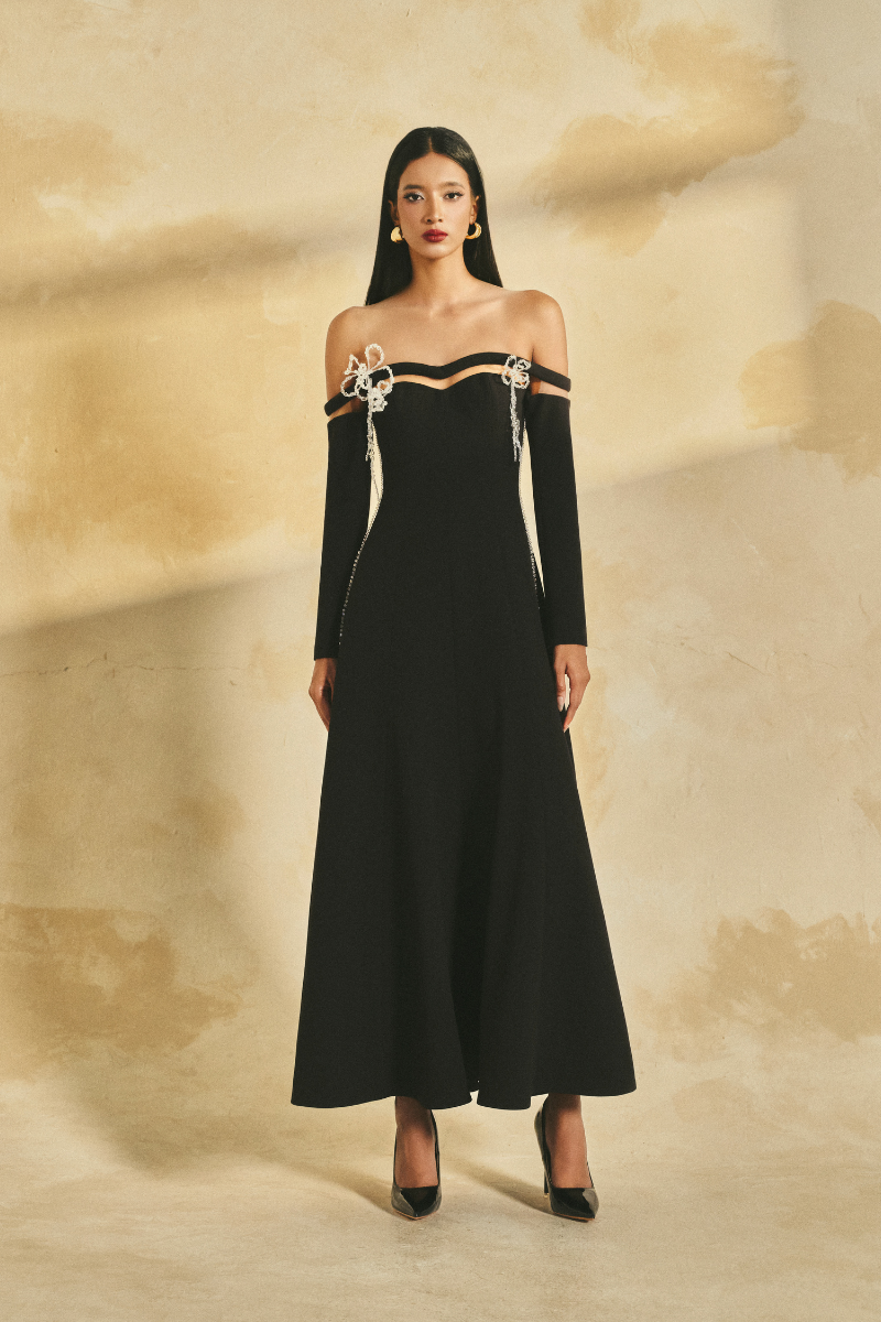 black midi off shoulder dress Off-shoulder draped midi dress in Black