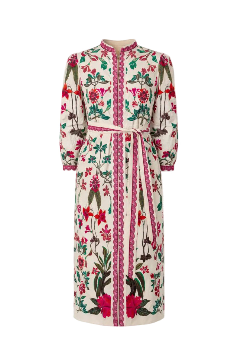 Raishma Valentina white midi dress displayed on a hanger, showcasing its elegant design and flowing fabric.