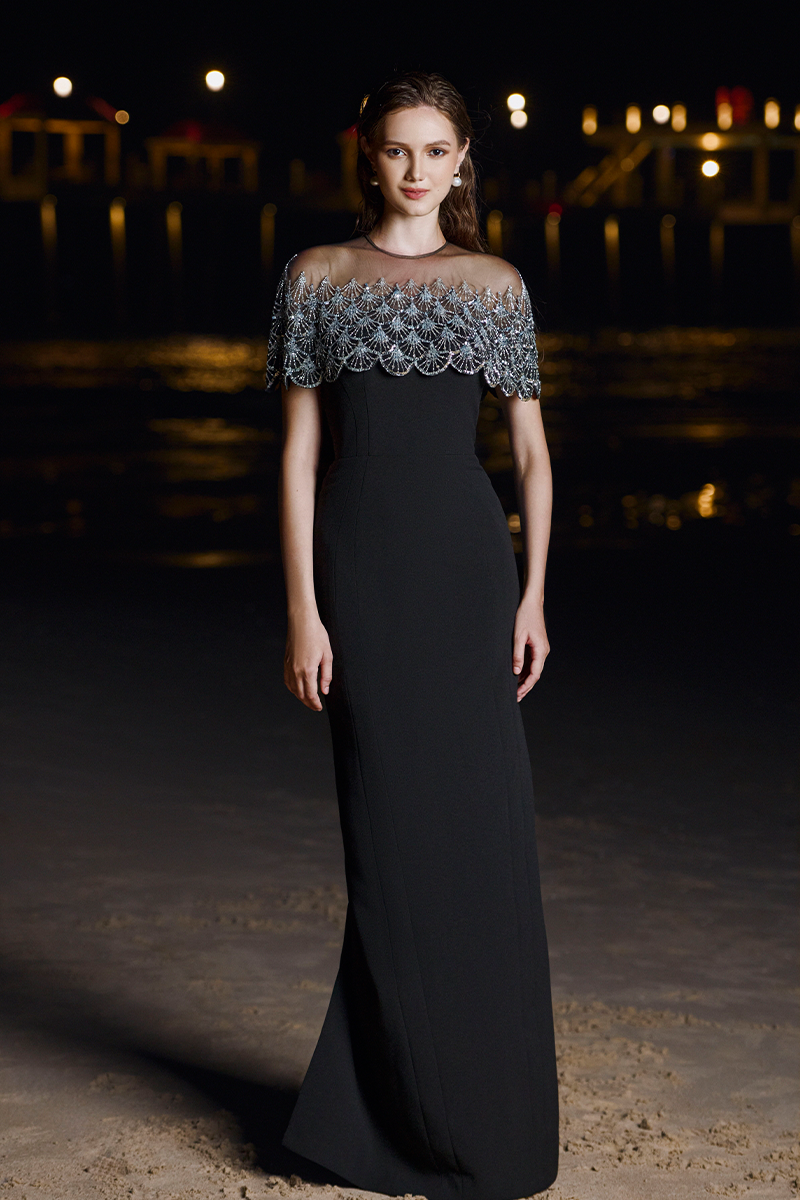 KRISTOFF BLACK BATEAU NECK GOWN WITH BEADED MINI CAPE - CULT MIA