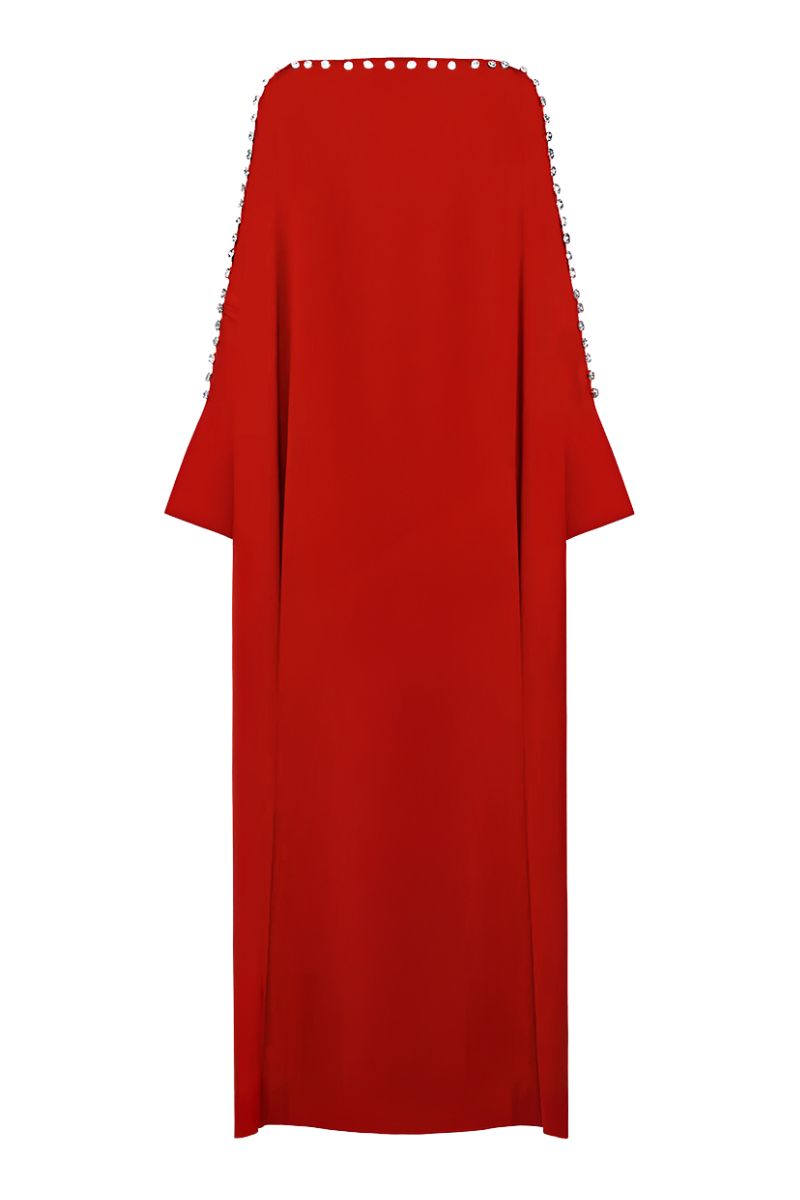 SemSem vermilion boat neck kaftan maxi dress with flowing fabric and relaxed fit, perfect for casual or beachwear.