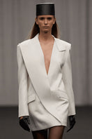 Lili Blanc contemporary straight-cut blazer-inspired dress in neutral fabric, front view showing tailored fit and classic collar.