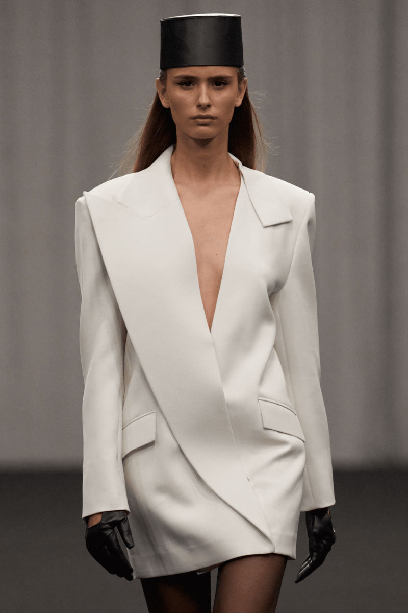 Lili Blanc contemporary straight-cut blazer-inspired dress in neutral fabric, front view showing tailored fit and classic collar.