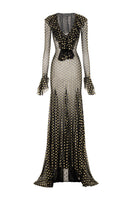 Black Valenciani Mermaid Mesh Dress, a flowy maxi dress with sheer mesh fabric and elegant fit, perfect for stylish occasions.