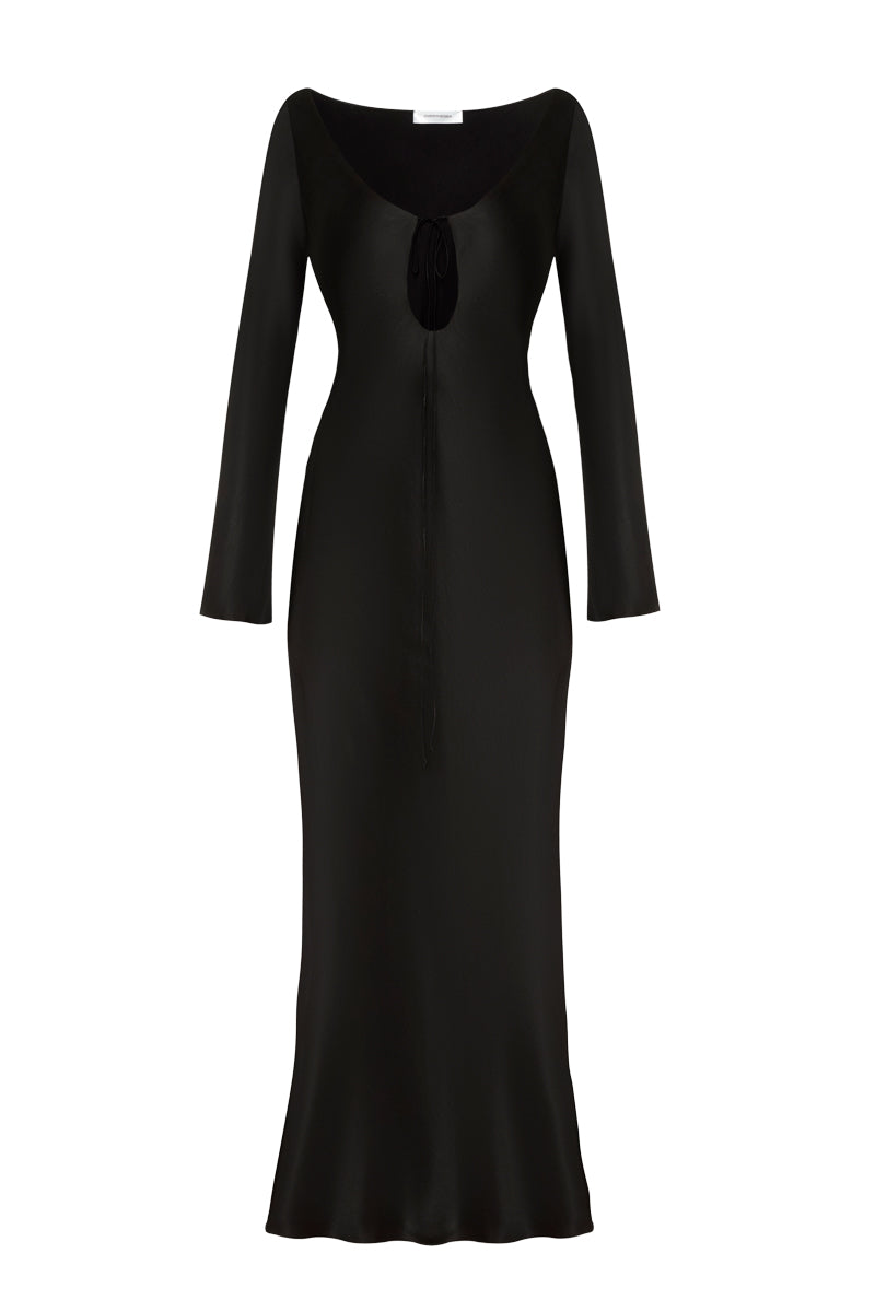 OvertheSea black insomnia midi dress displayed on a mannequin, featuring a fitted silhouette and elegant design.