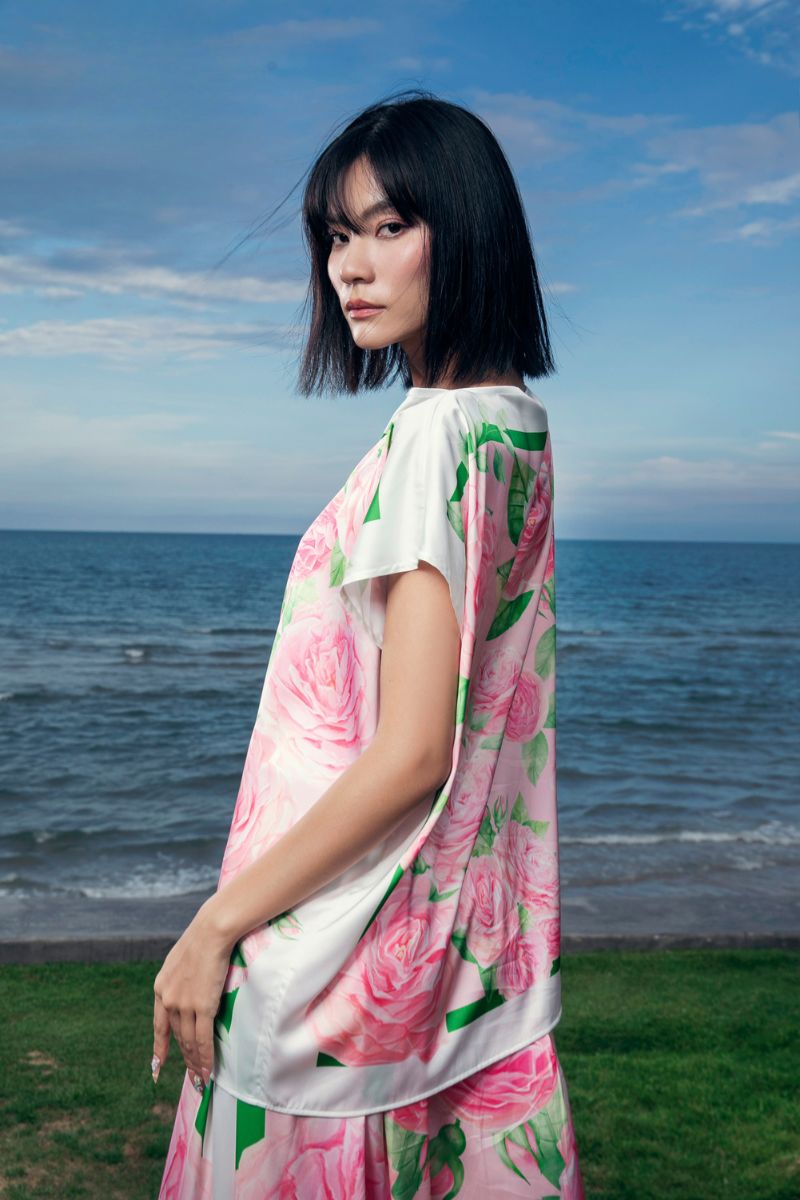 LILIANE SHORT SLEEVED SILK TOP AND WIDE-LEG PANTS SET - CULT MIA