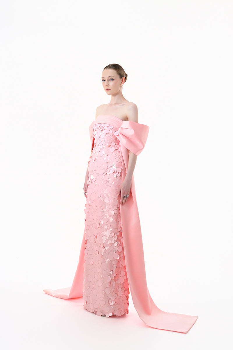 Blush pink gown by Happy Clothing featuring paillettes, bow sleeves, and a flowing silhouette, perfect for elegant occasions.