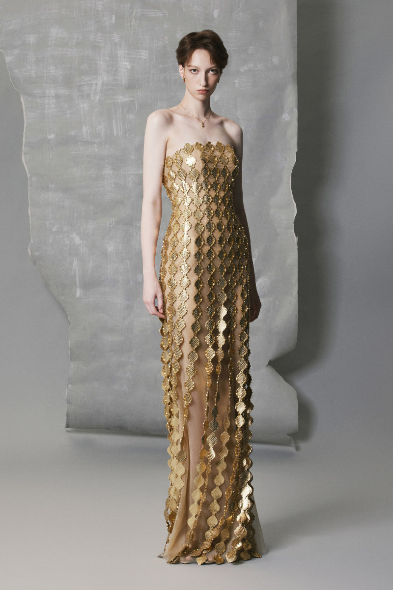 LONG BODYCON DRESS IN GOLD | CULT MIA | Phan Huy LONG BODYCON DRESS IN GOLD | CULT MIA | Phan Huy