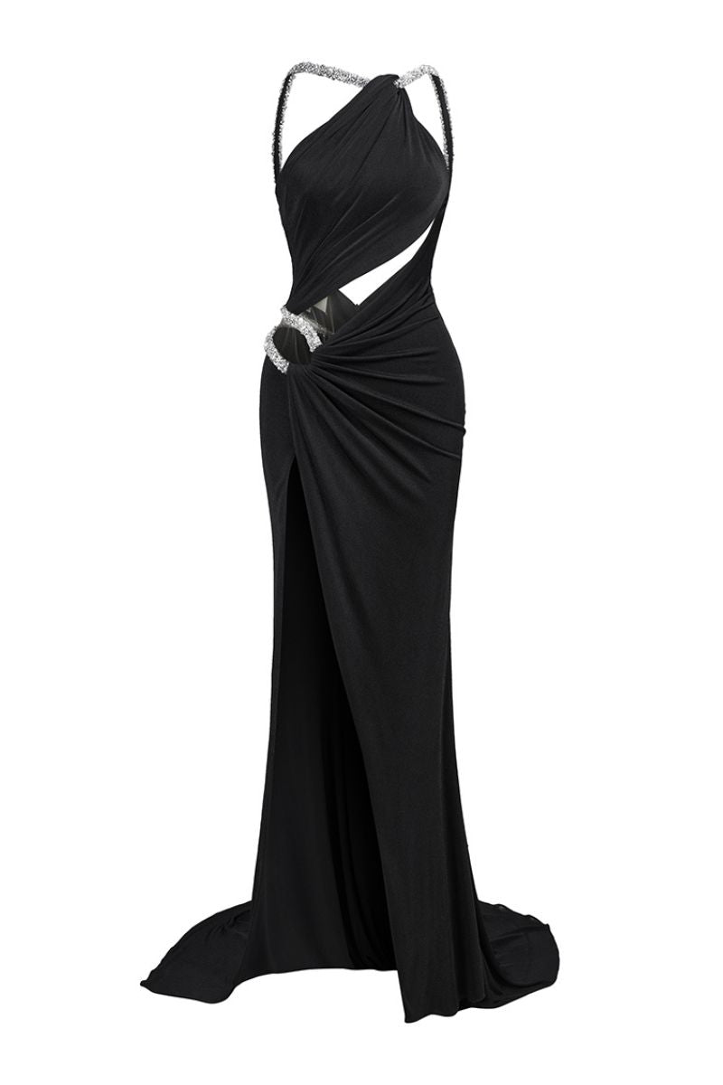 DORY BLACK ASYMMETRIC DRAPPED GOWN - CULT MIA