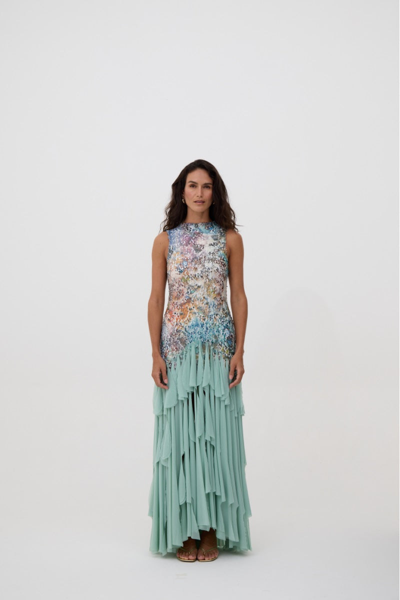 Kontenta Marina mint maxi dress with flowing fabric and sleeveless design, perfect for summer parties.