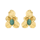 Peracas Penelope earrings, stylish dangle earrings with intricate design, hanging from pierced ears in a close-up shot.