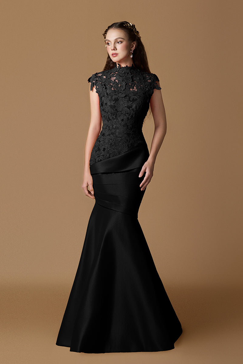 Elegant black gown by I.H.F featuring guipure lace overlay and silk taffeta lining, ideal for formal occasions.