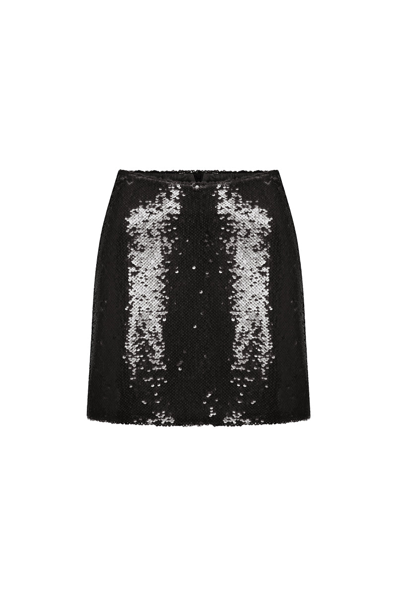 Black Nazlı Ceren Marde sequin mini skirt with shimmering sequins, fitted waist, and stylish design for a trendy look.