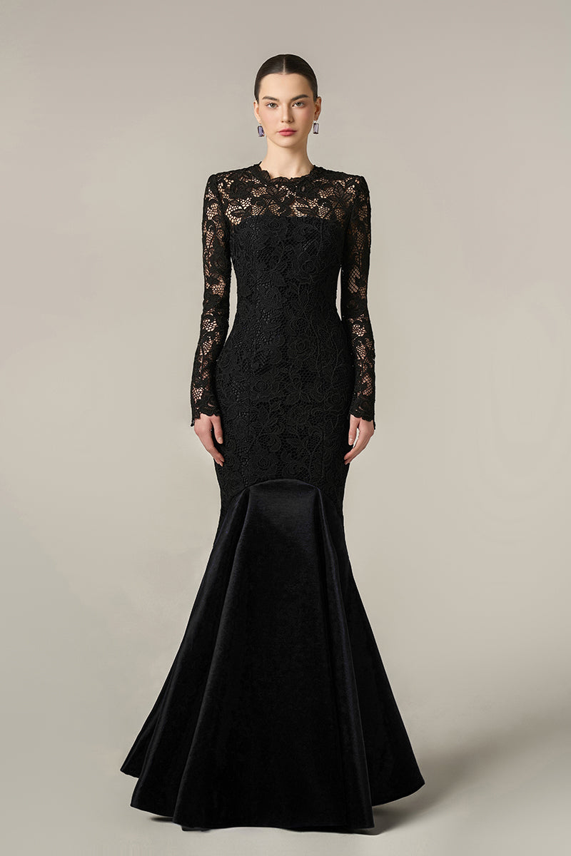 GUIPURE LACE AND TAFFETA DRESS IN BLACK | CULT MIA | I.H.F GUIPURE LACE AND TAFFETA DRESS IN BLACK | CULT MIA | I.H.F