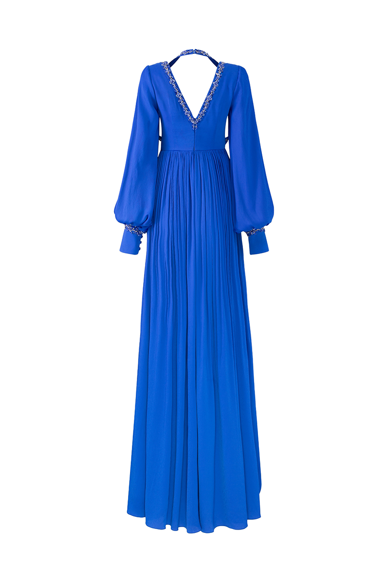 COBALT LONG PUFFY SLEEVE V-NECK GOWN - CULT MIA