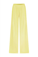 Nazlı Ceren MUI wide-leg satin trousers in Lemon Zest, showing lightweight fabric and relaxed fit with smooth satin finish.