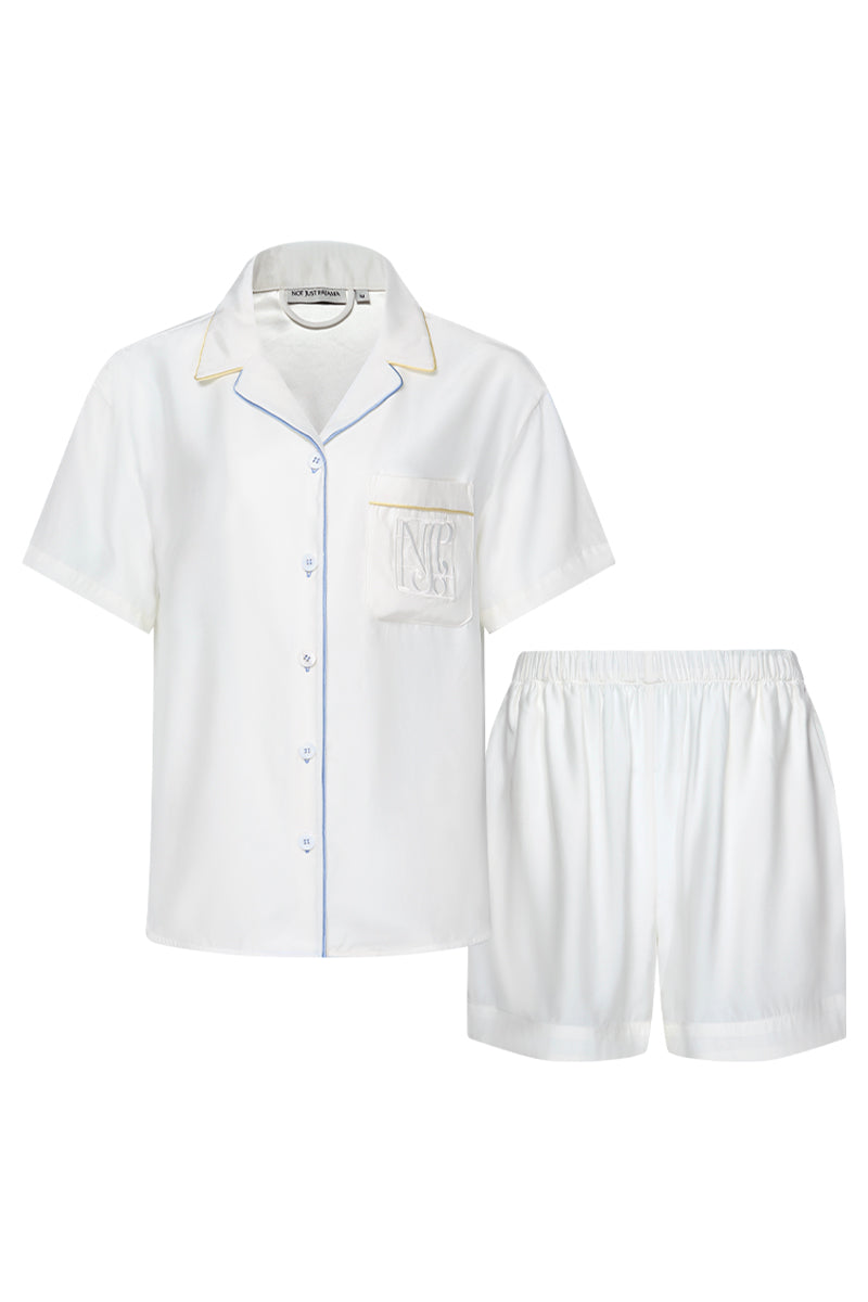 White Hydrasilk short pajamas set by Not Just Pajama featuring a comfortable, silky fabric and relaxed fit.