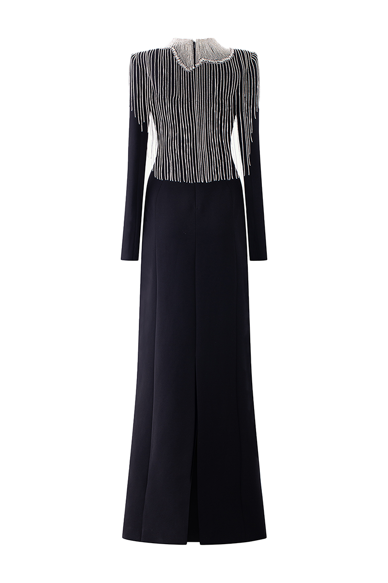 LONG SLEEVE CRYSTAL TASSEL BODYCON FLOOR-LENGTH GOWN - CULT MIA