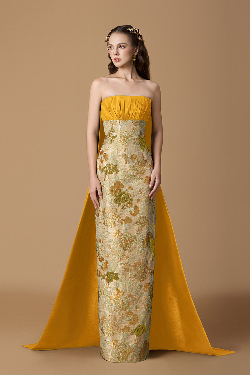 FLORAL METALLIC JACQUARD AND TAFFETA SILK LINED IN GOLD | CULT MIA | I.H.F FLORAL METALLIC JACQUARD AND TAFFETA SILK LINED IN GOLD | CULT MIA | I.H.F