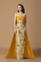 I.H.F floral metallic jacquard and taffeta silk gown lined in gold, elegant evening dress with intricate floral pattern and shimmering fabric.