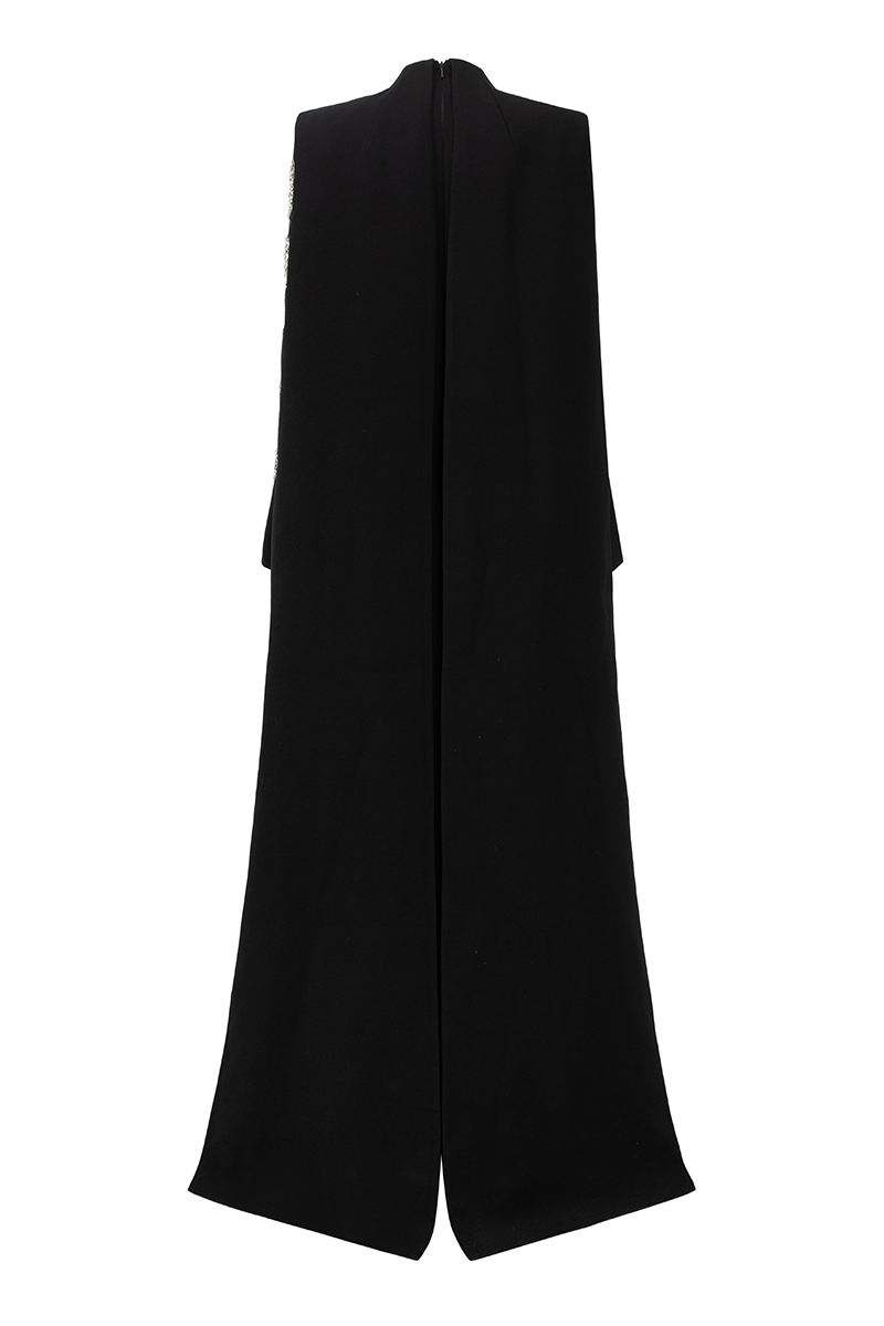 Lune De Soie velvet satin gown with long back flap, elegant floor-length dress with flowing fabric and sophisticated design.