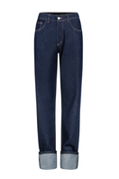 LARETAGGIO hero mid waist straight leg denim jeans displayed on a model, showcasing classic fit and stylish design.