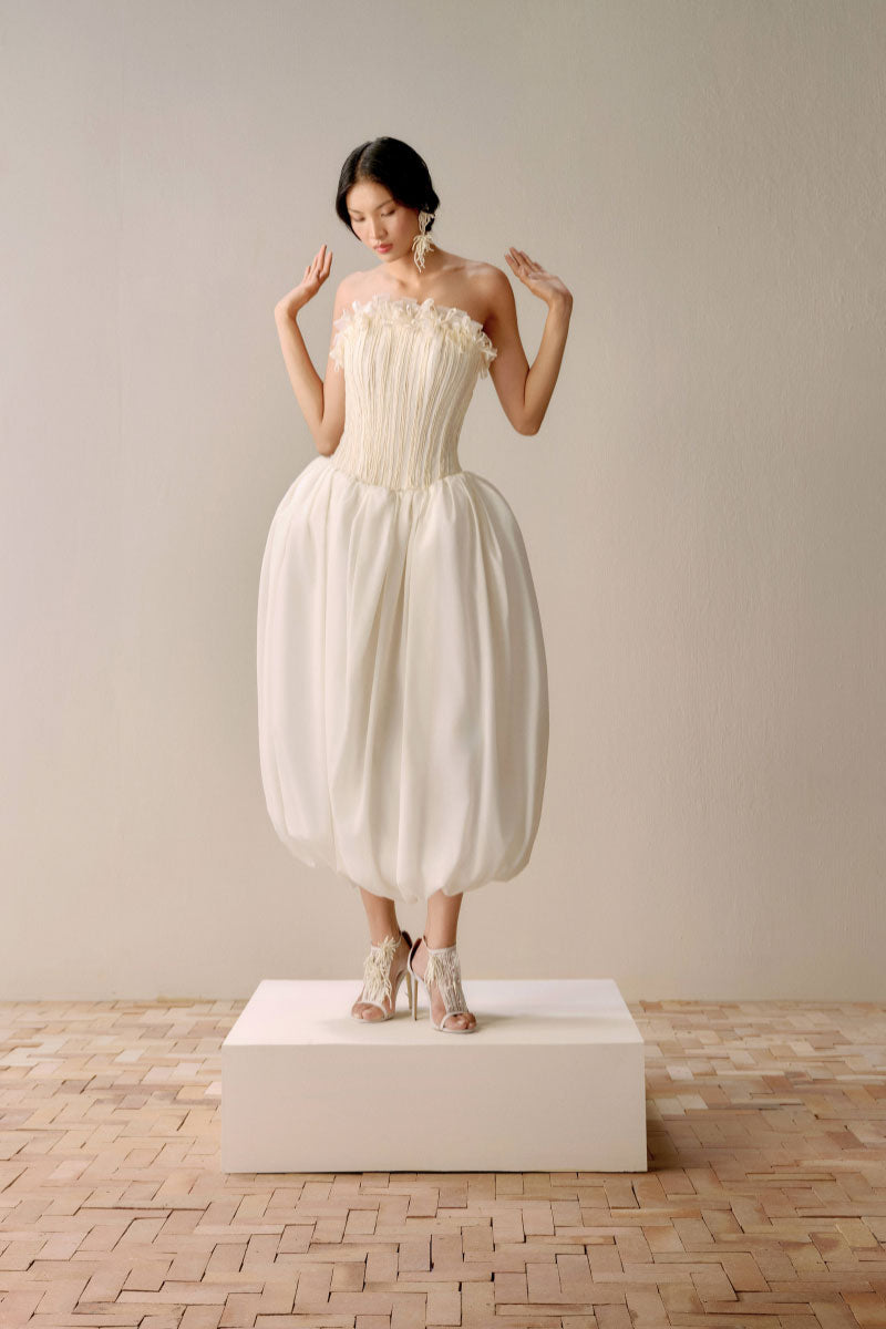 Petite floral embroidered ivory midi gown from Lecia with delicate embroidery and a flowing silhouette.
