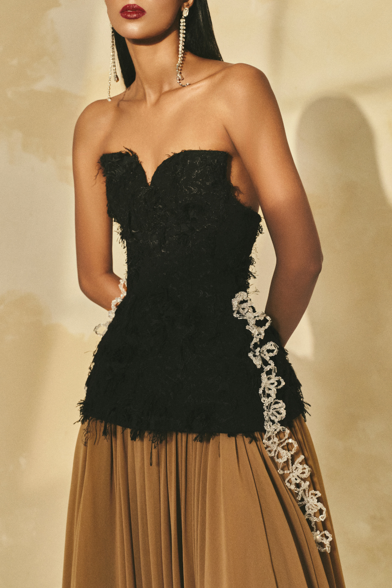 OFF-SHOULDER FRINGE JACQUARD AND CHIFFON FLARED MAXI DRESS | CULT MIA | L'SCARLETT OFF-SHOULDER FRINGE JACQUARD AND CHIFFON FLARED MAXI DRESS | CULT MIA | L'SCARLETT